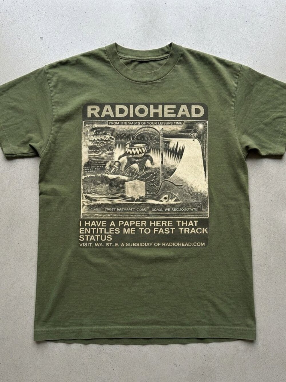 Radiohead "Fast Track Status" Graphic T-Shirt, Olive Green Vintage Band Tee